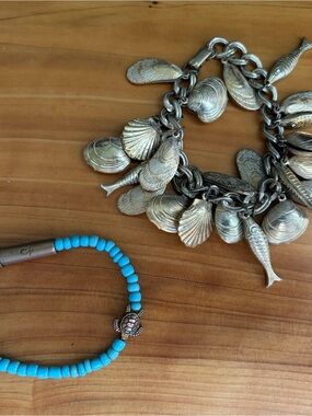 Gold Fish and Shell Charm Bracelet with turquoise bead bracelet with turtle